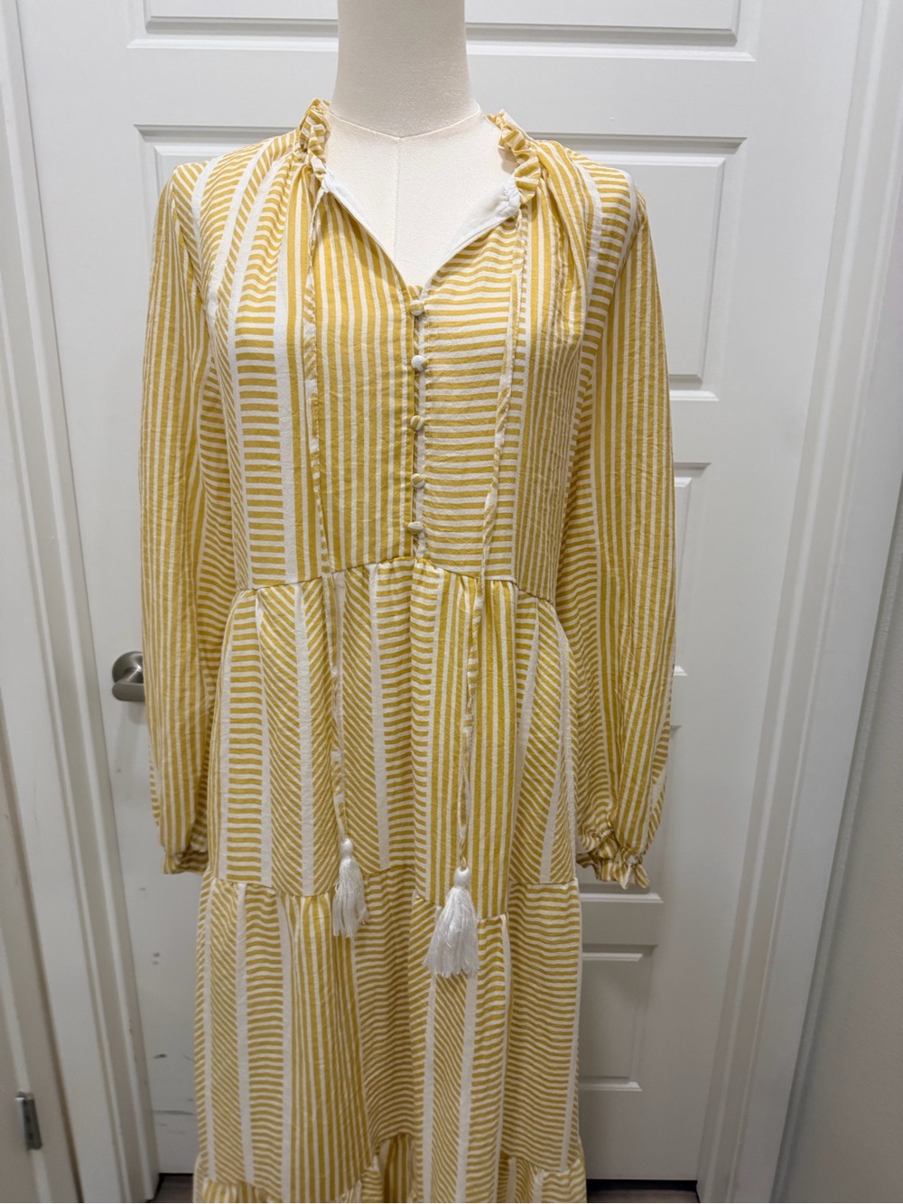 Polagram Yellow and White Striped Tiered Maxi Dress with Tassel Tie - Picture 3 of 8